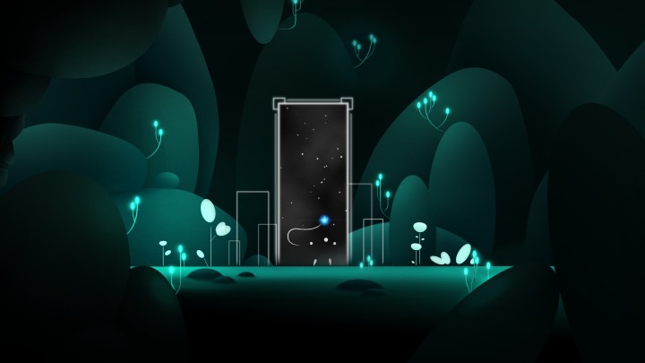 یک چهره مینیمالیستی جلوی دری در Worldless ایستاده است.