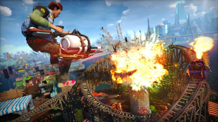 شخصیتی در Sunset Overdrive به یک ماده منفجره غول پیکر شلیک می کند.