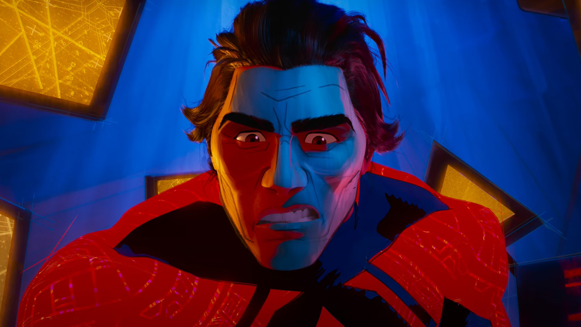 میگل اوهارا در فیلم Spider-Man: Across the Spider-Verse خارج از دوربین به شخصی نگاه می کند.
