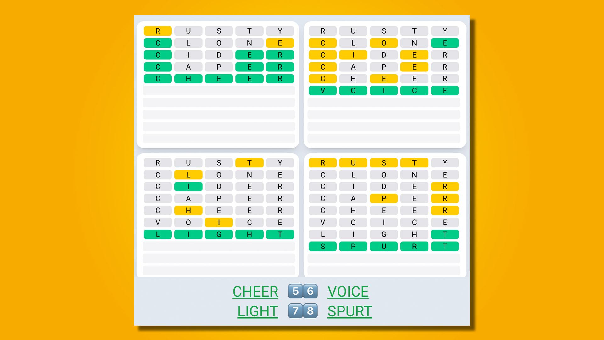 پاسخ Quordle Daily Sequence برای بازی 519 در پس زمینه زرد
