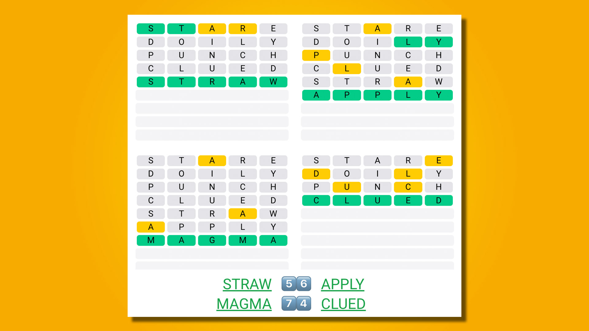 پاسخ های Quordle برای بازی 519 در پس زمینه زرد