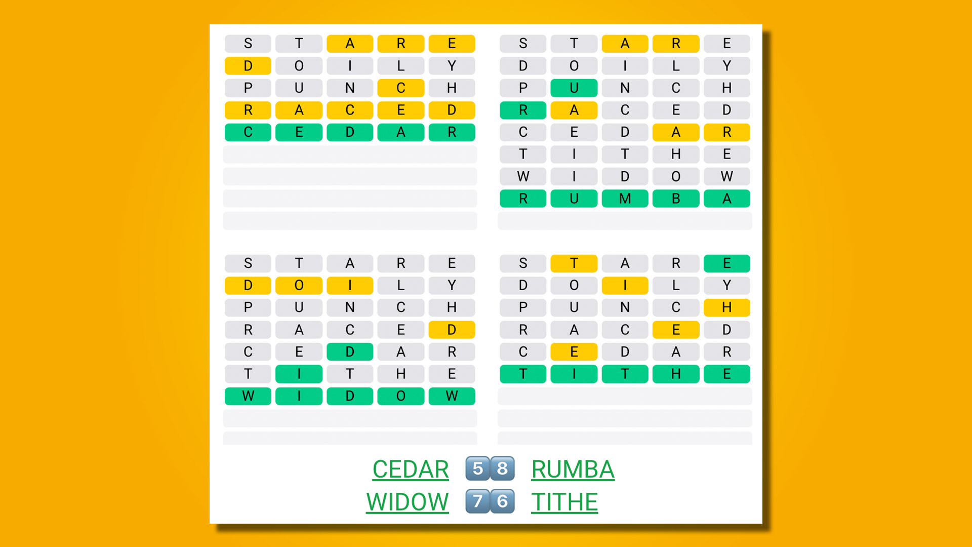 پاسخ های Quordle برای بازی 520 در پس زمینه زرد