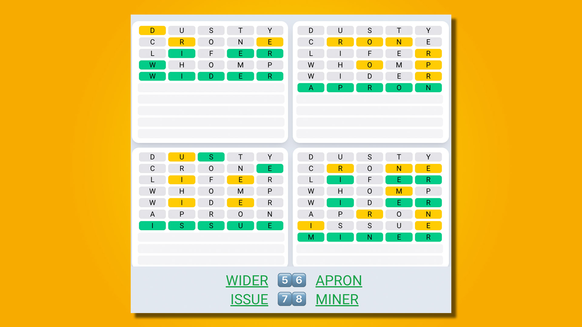 پاسخ Quordle Daily Sequence برای بازی 523 در پس زمینه زرد