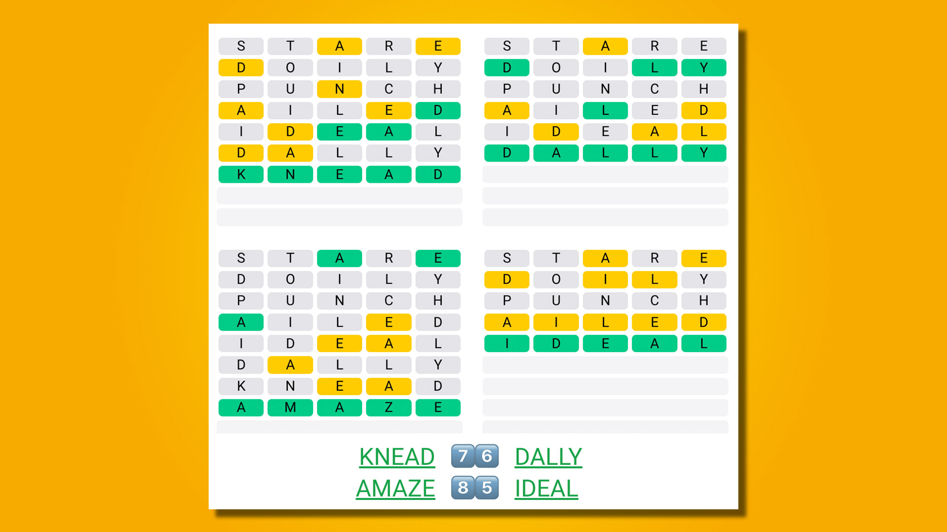 پاسخ های Quordle برای بازی 523 در زمینه زرد