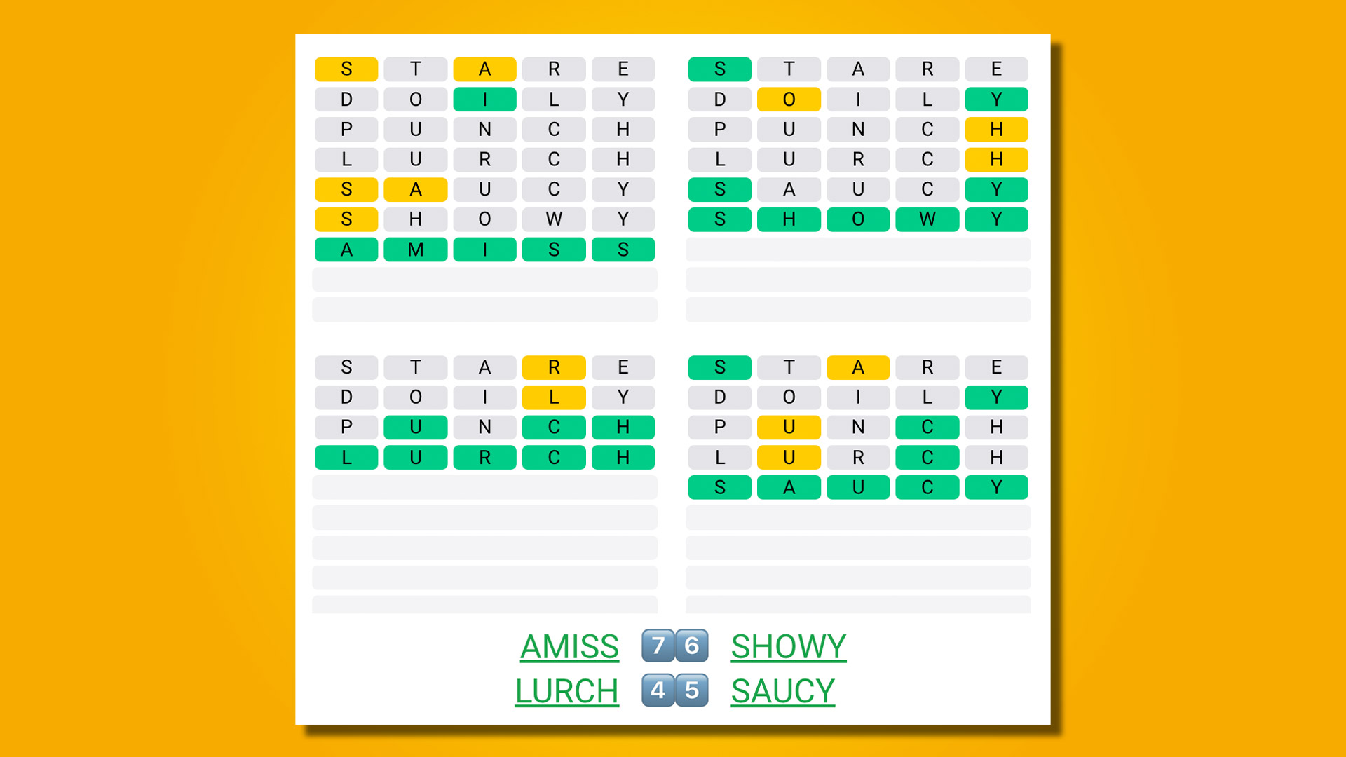 پاسخ های Quordle برای بازی 524 در پس زمینه زرد